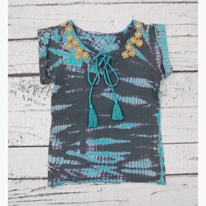 Jak & Peppar girls shirt 16 14 gray aqua short sleeve tie-dye tank top lace boho